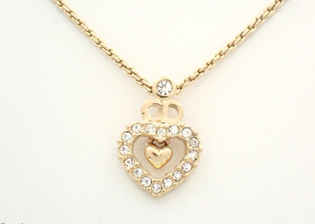 Vintage Dior Gold-Tone Openwork CD Heart Rhinestone Necklace