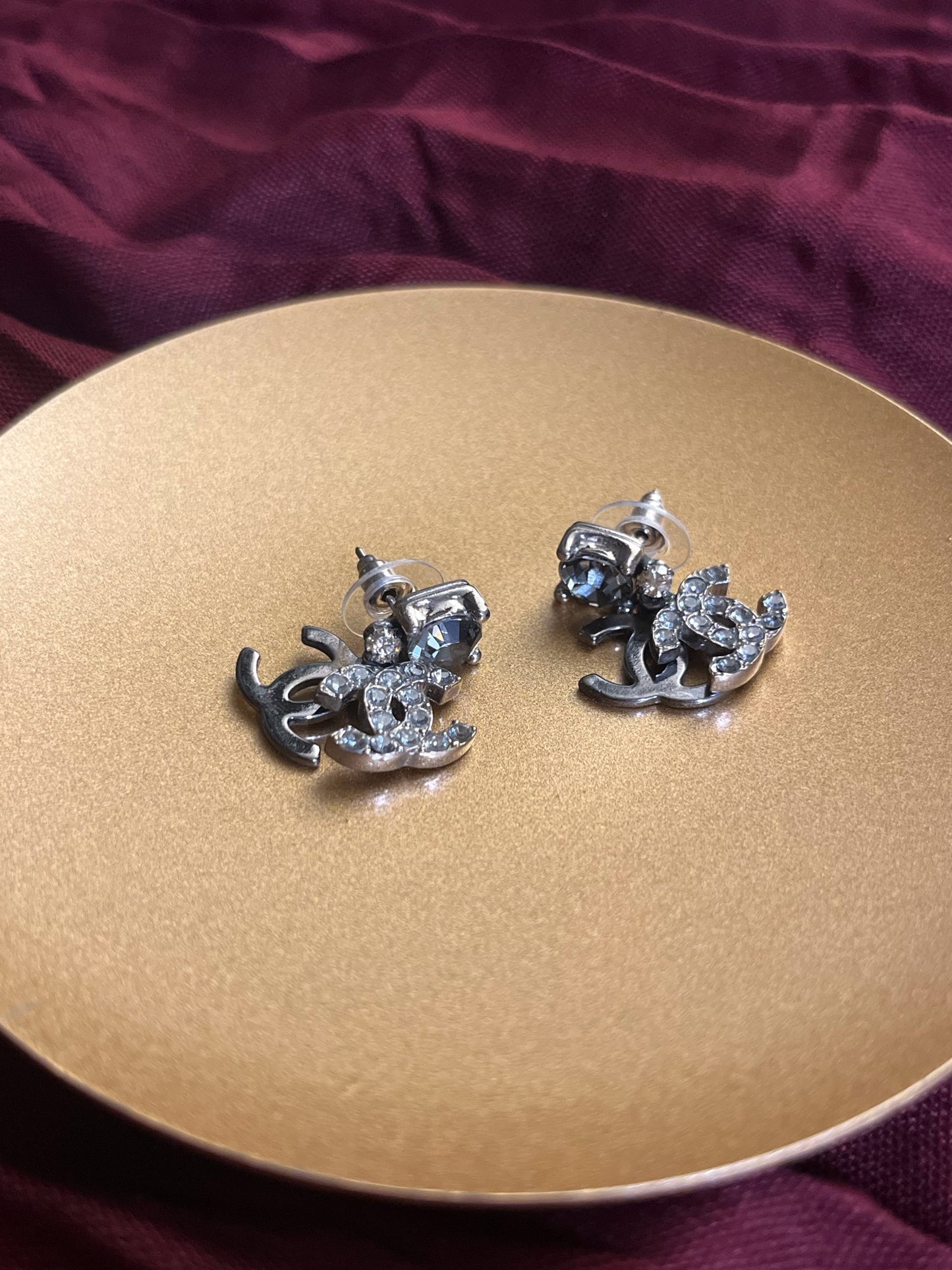 Chanel 2003 Black & Silver Double CC Crystal Drop Earrings