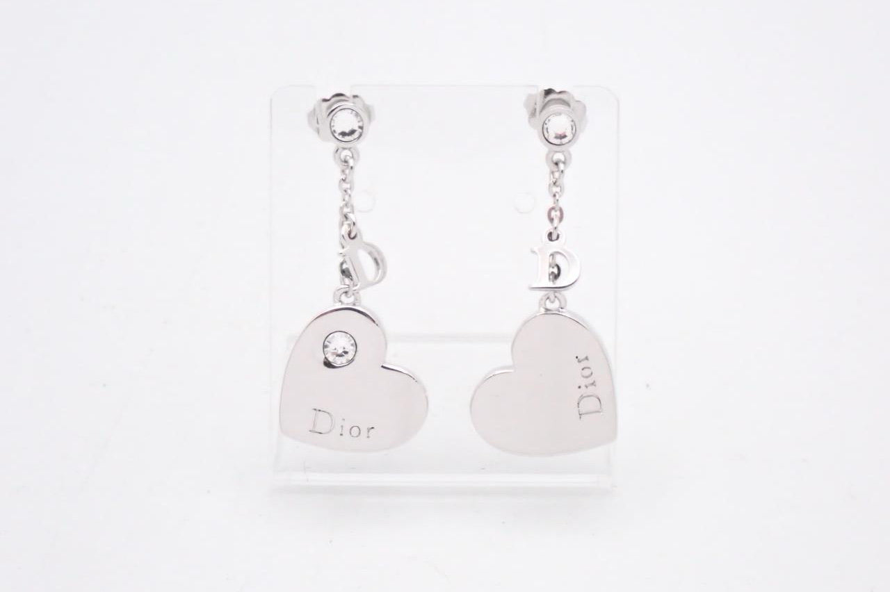 Vintage Dior Heart Charm Drop Earrings – Silver Tone