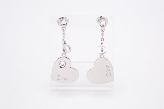 Vintage Dior Heart Charm Drop Earrings – Silver Tone