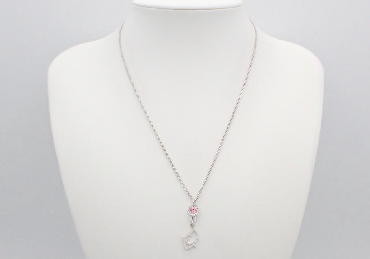 Dior Pink Crystal CD Logo Drop Necklace – Silver Tone