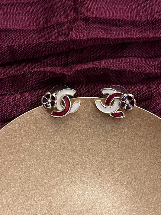 Chanel 2003 Vintage Enamel Camellia CC Logo Earrings