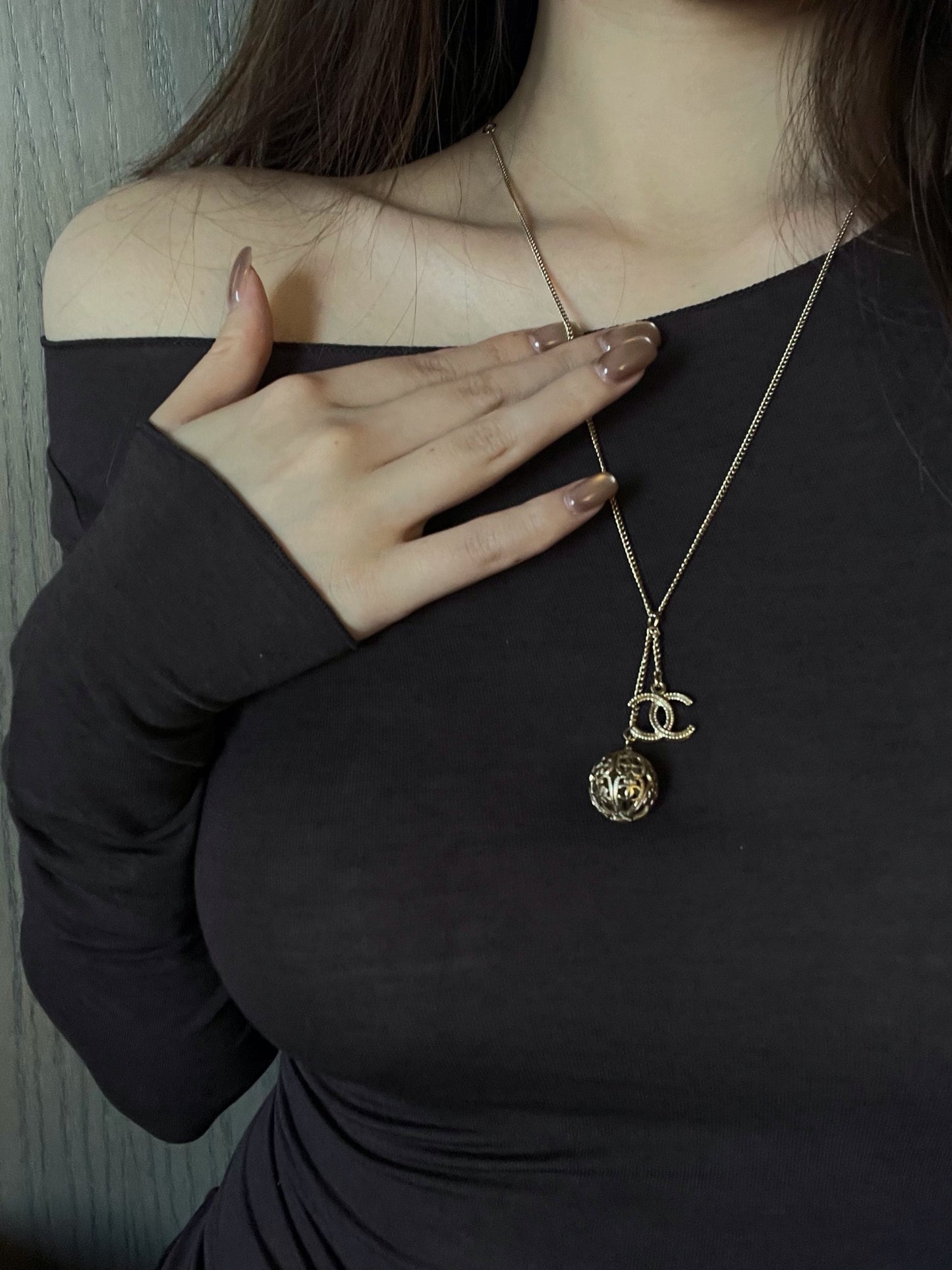 Chanel 2006 Champagne-Gold Filigree Sphere & CC Charm Necklace