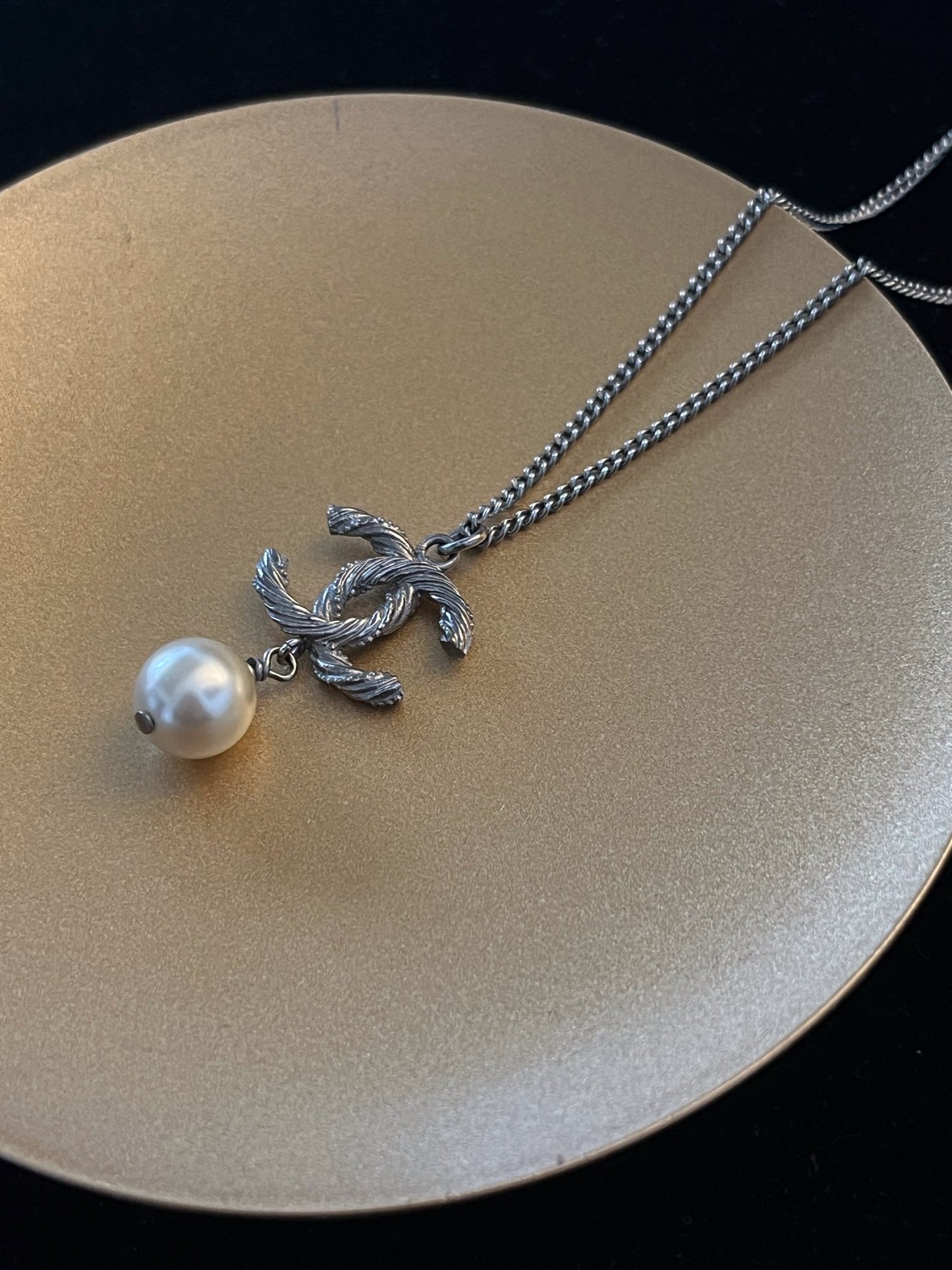 Vintage Chanel Twisted CC Pearl Drop Necklace – Silver Tone