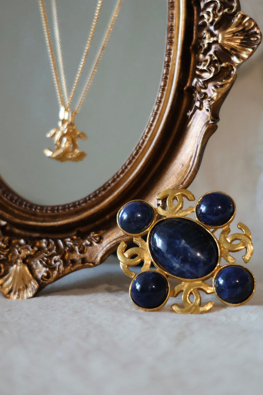 Chanel 1995 24K Gold-Plated Blue Gripoix Brooch