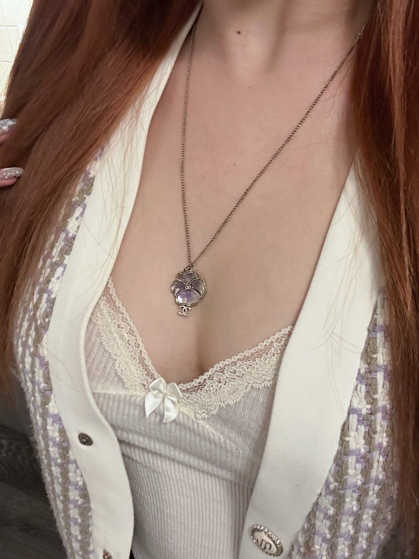 Chanel 2010s “Pansy Petal” Iridescent Enamel & Crystal CC Charm Convertible Necklace