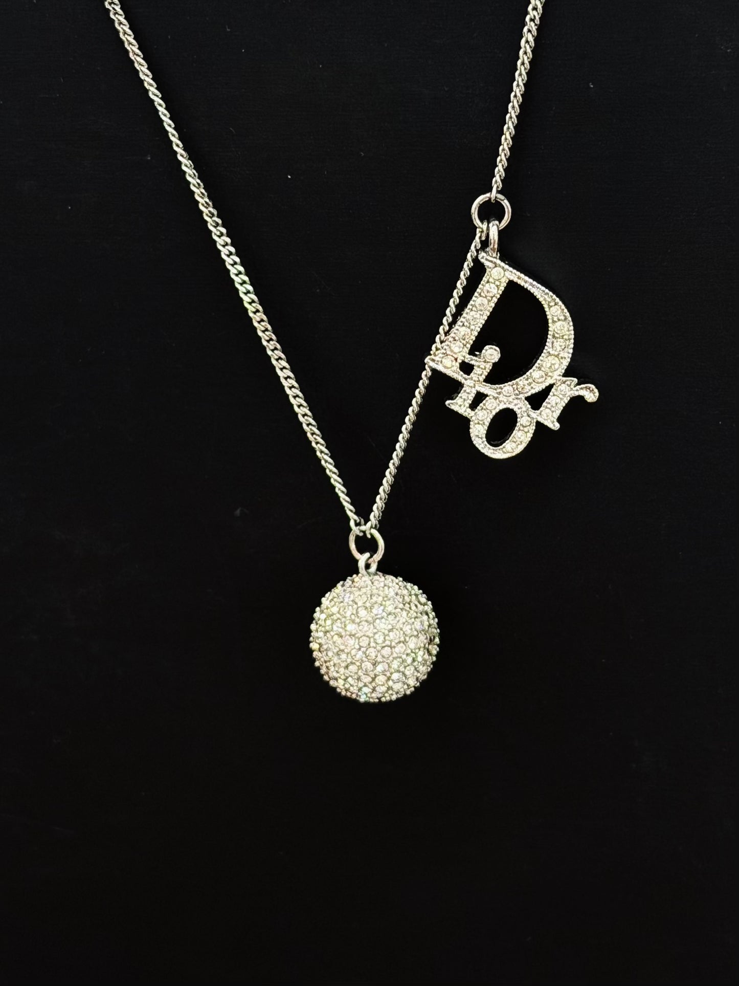 Vintage Dior Crystal Logo Ball Necklace – Silver Tone