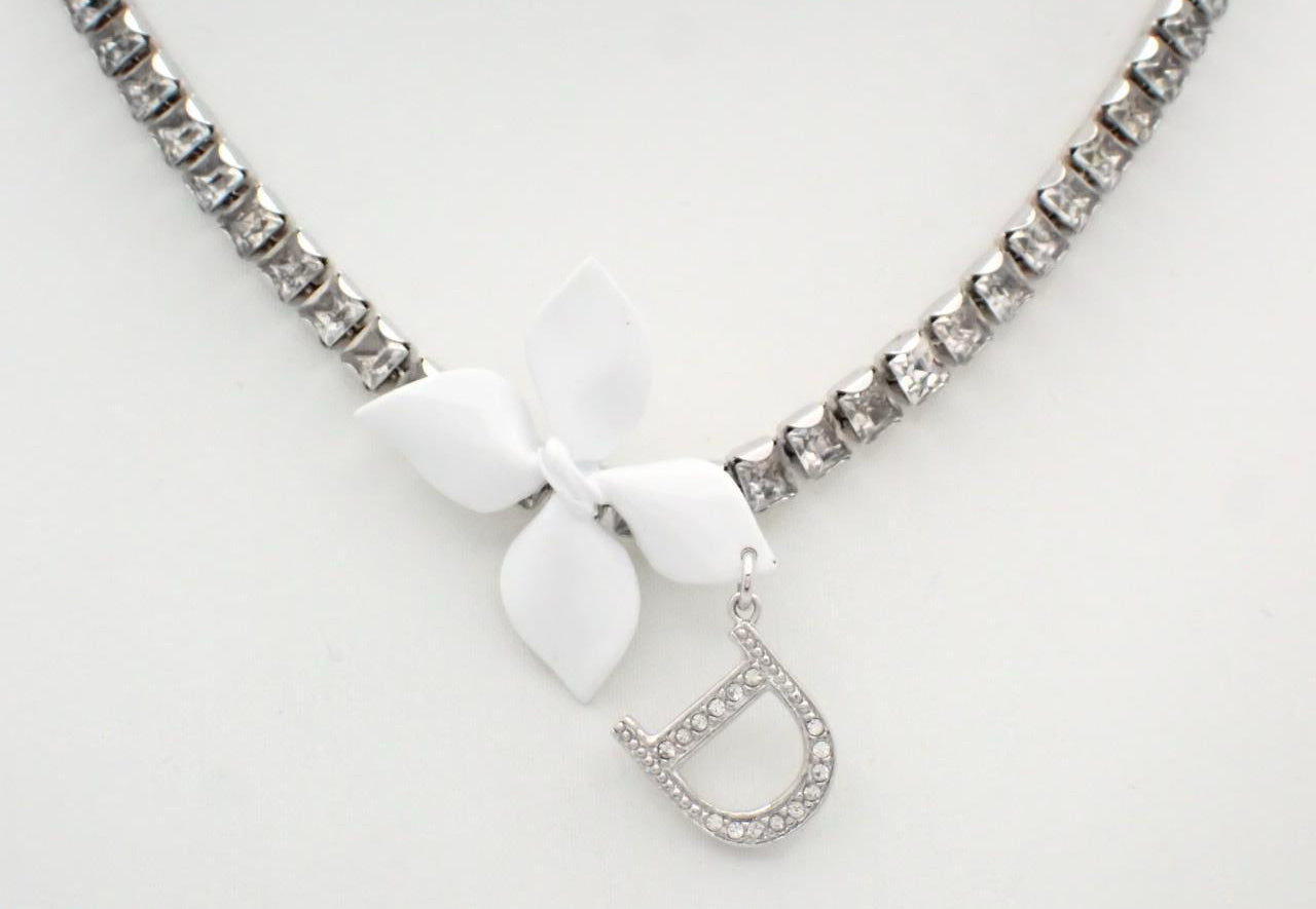 Christian Dior Vintage White Floral Charm Crystal Choker Necklace