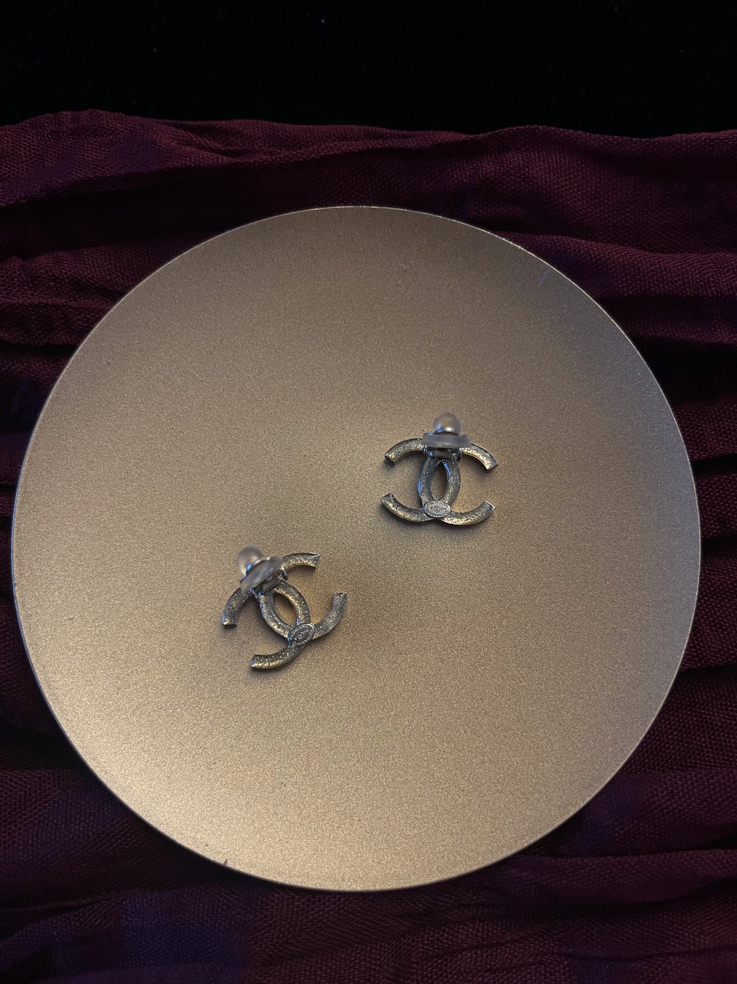 Chanel 2012 Vintage Gold-Tone Double C Pink & Royal purple Crystal Ear Clips