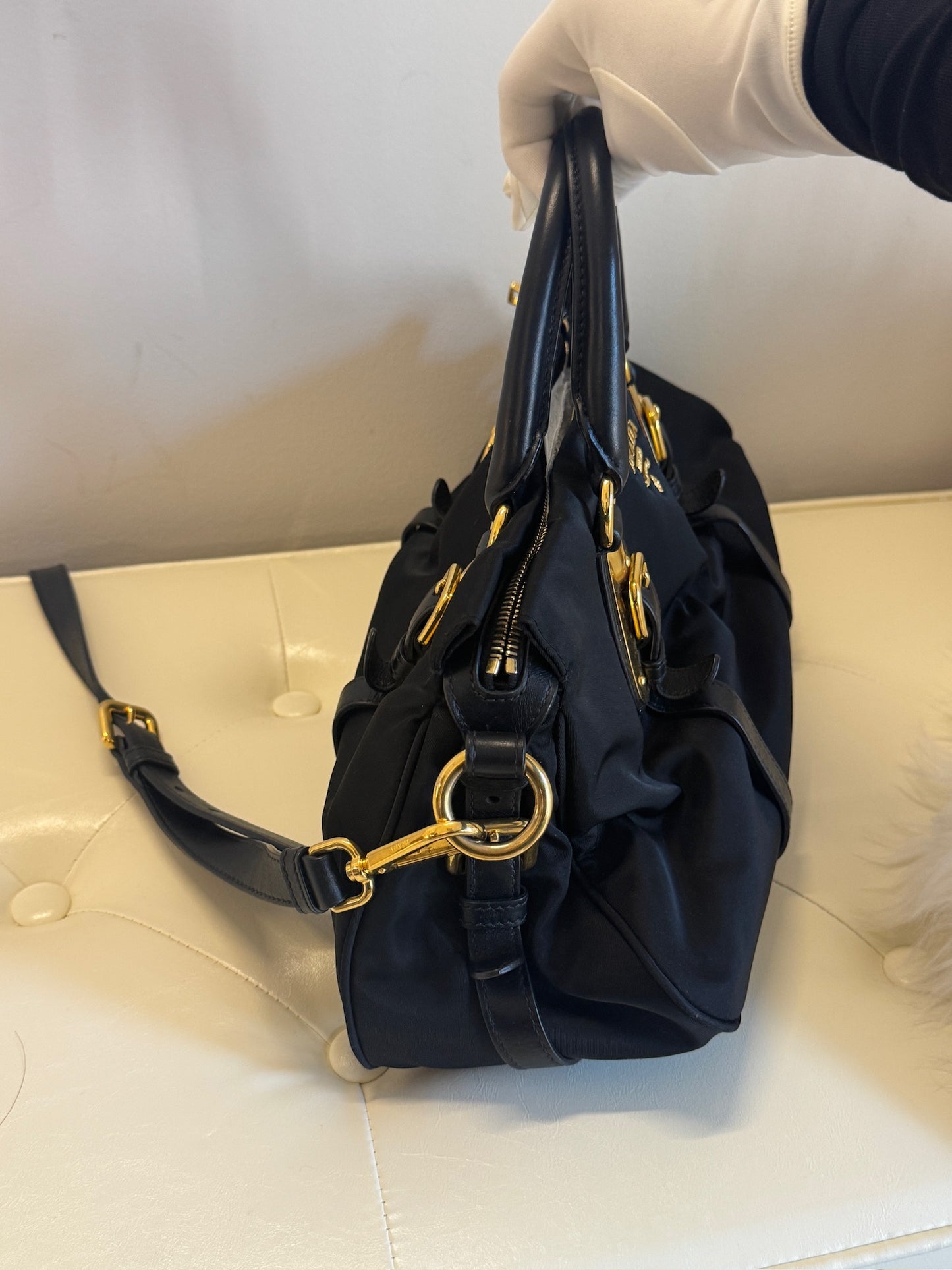 Prada Tessuto Leather and Nylon-Trim Handbag – Black