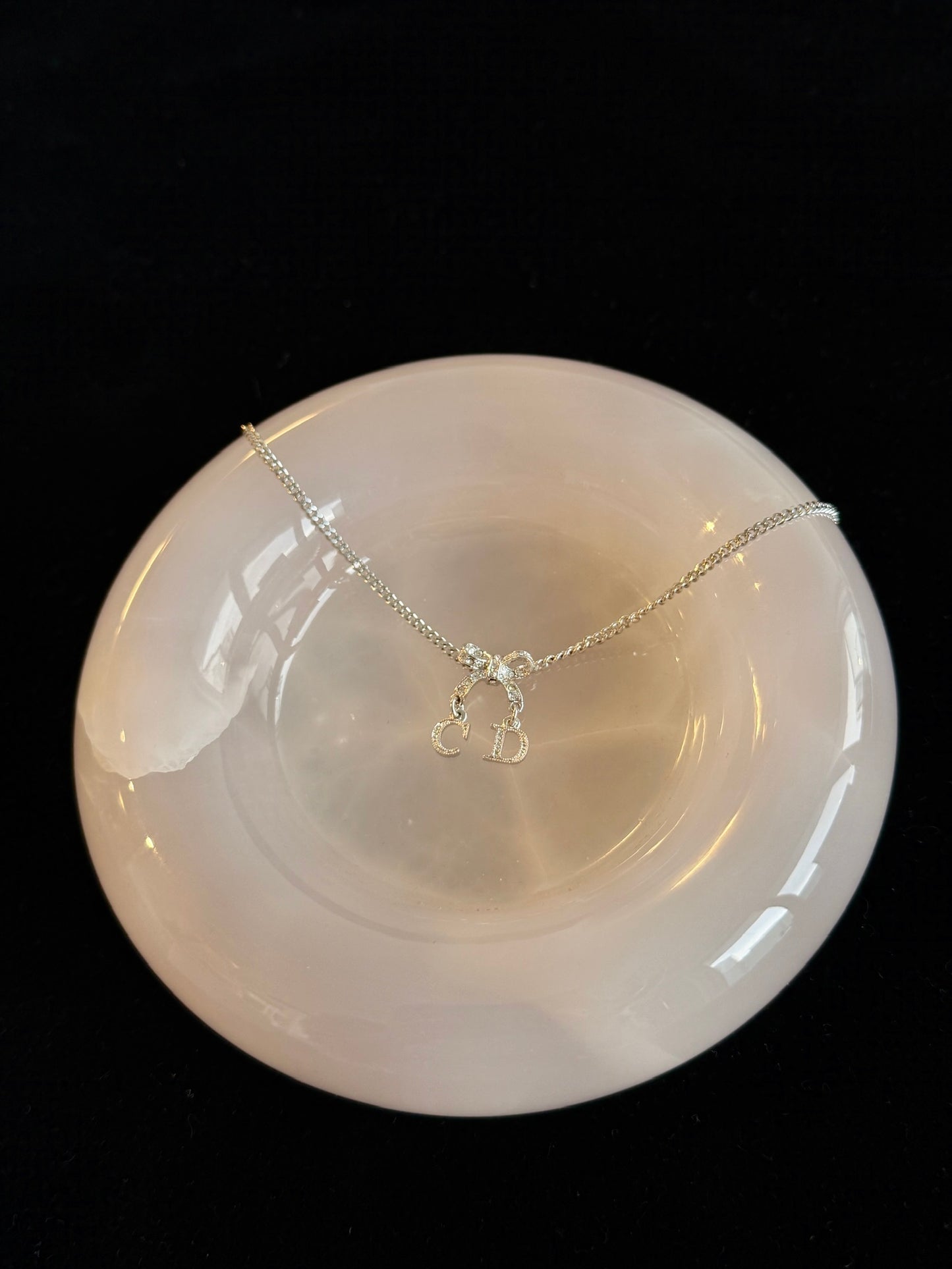 Dior Crystal Bow CD Charm Pendant Necklace