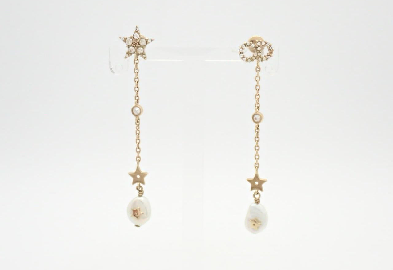 Dior Star and Pearl Drop Earrings – Gold Tone