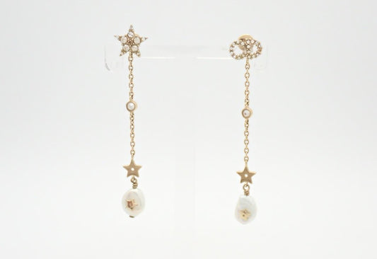 Dior Star and Pearl Drop Earrings – Gold Tone