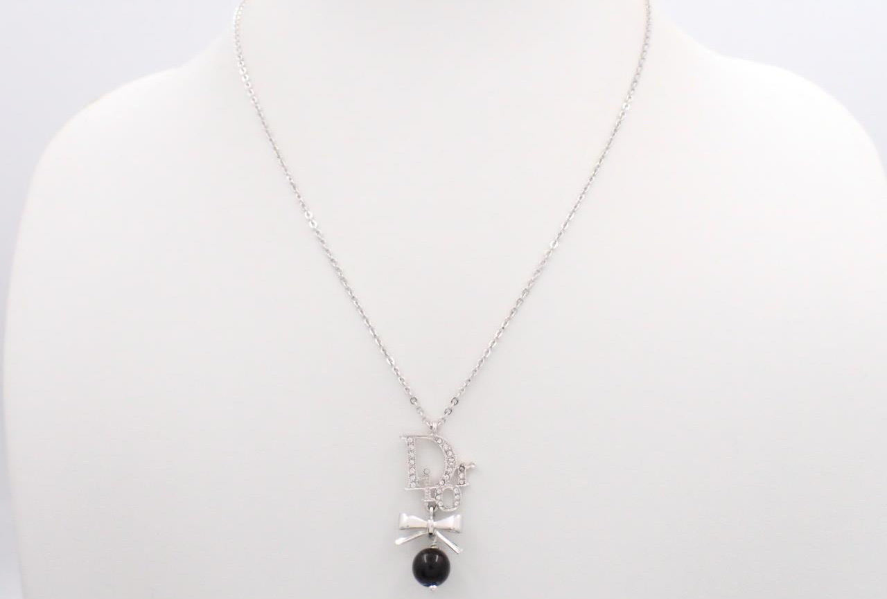 Dior Vintage Black and Silver Bow Crystal Embellished Pearl Drop Necklace