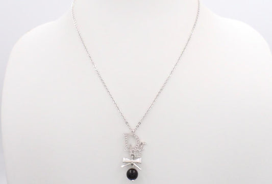 Dior Vintage Black and Silver Bow Crystal Embellished Pearl Drop Necklace