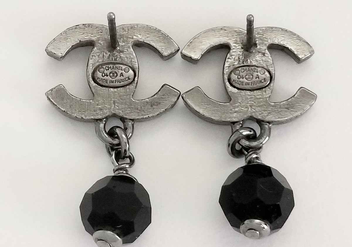 Chanel All Black Crystal CC Drop Earrings