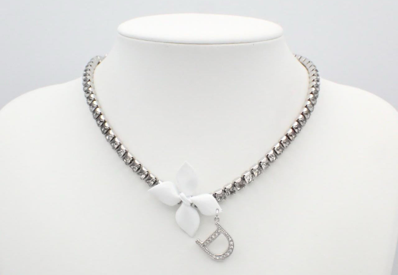 Christian Dior Vintage White Floral Charm Crystal Choker Necklace