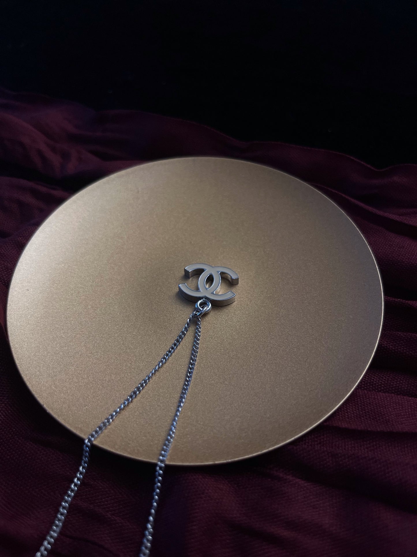 Chanel 2005 Ivory Enamel Double-C Pendant Necklace in Silver-Tone
