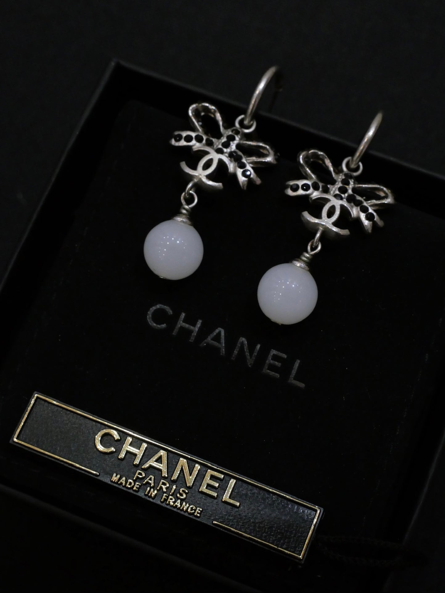 Chanel 2005 Bow & CC Faux Pearl Drop Earrings