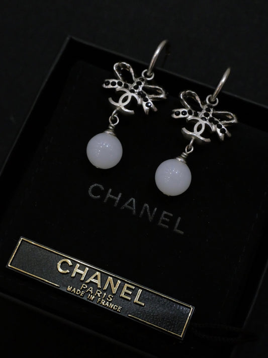 Chanel 2005 Bow & CC Faux Pearl Drop Earrings