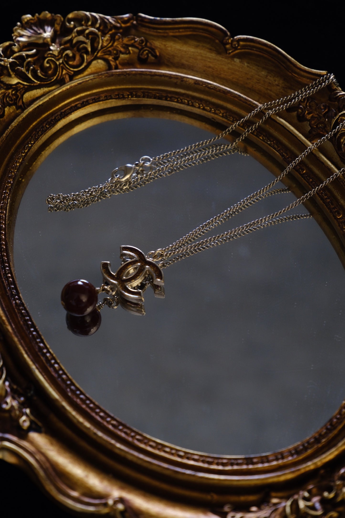 Chanel 2012 Deep Ruby Bead Logo Pendant Necklace