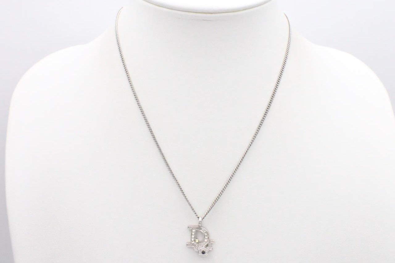 Dior Silver-Tone Rhinestone Logo Pendant Necklace