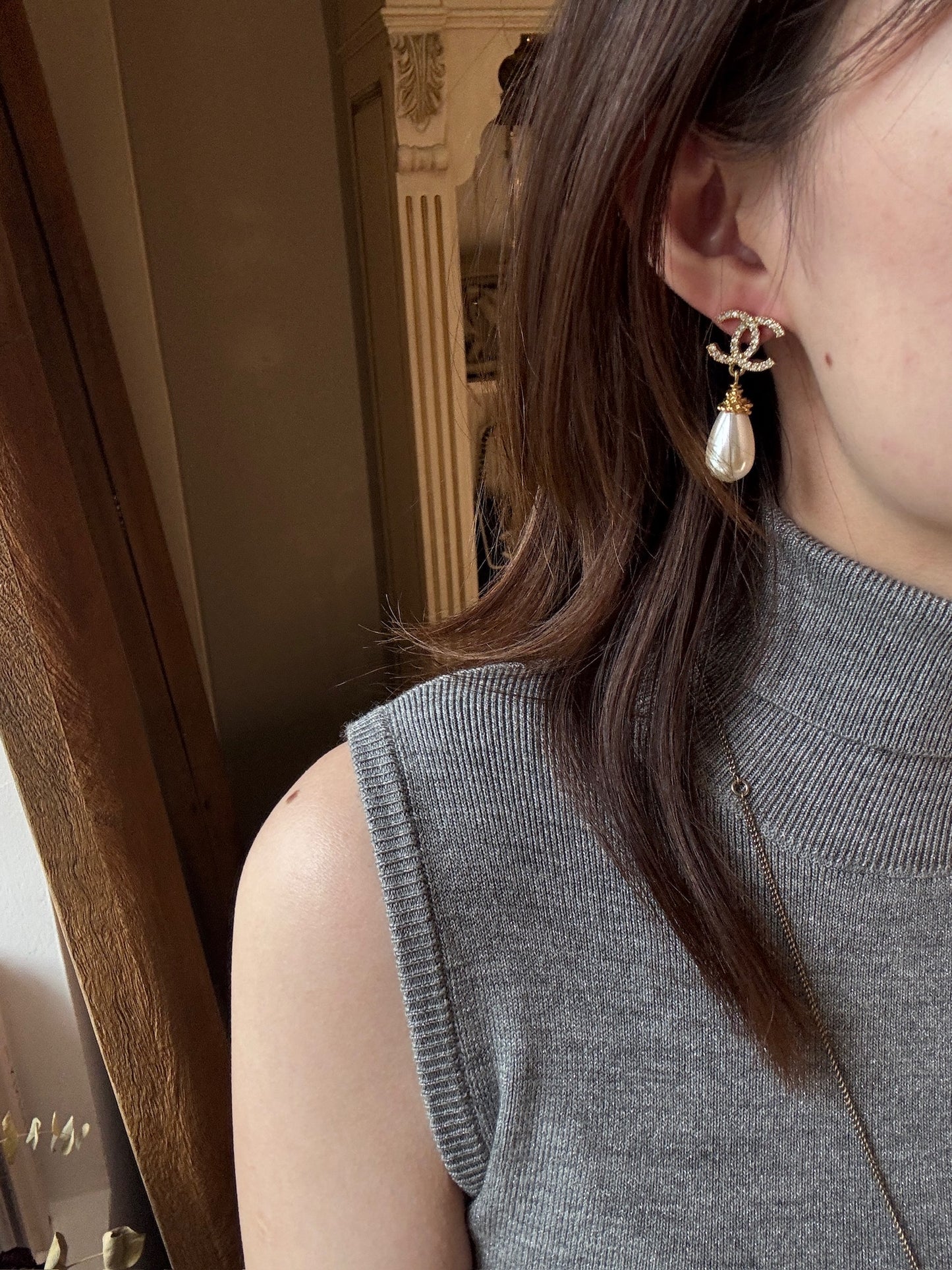 Chanel 2020 Crystal CC Pearl Drop Earrings