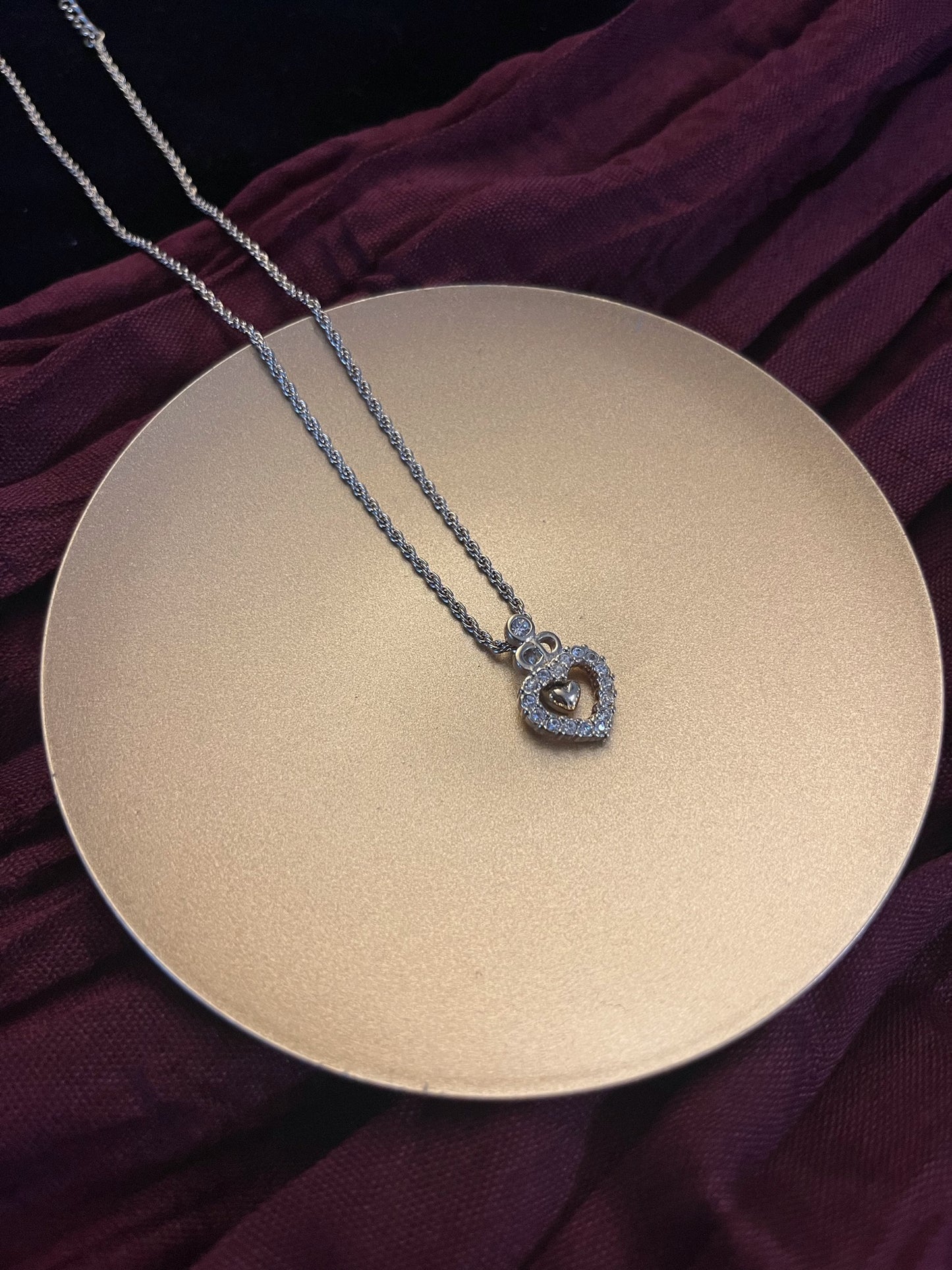 Vintage Dior Gold-Tone Openwork CD Heart Rhinestone Necklace