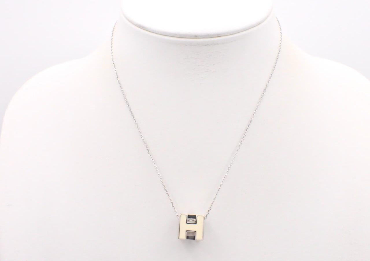 Hermès H Cube Pendant Necklace – White & Silver Tone