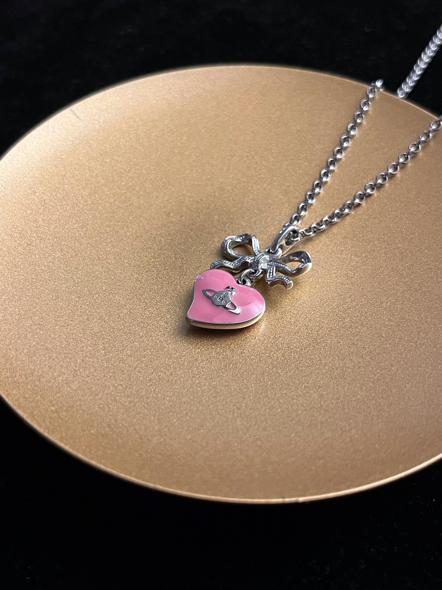 Vintage Vivienne Westwood Silver Bow Double-Sided Pink Heart Orb Necklace
