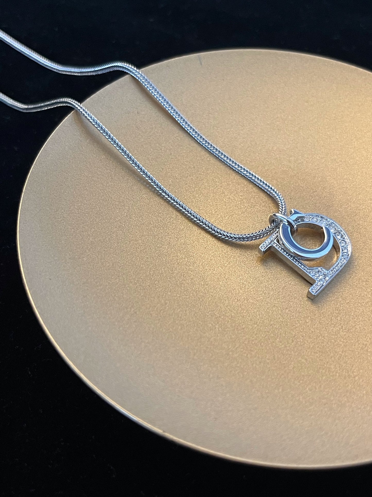 Vintage Dior Crystal Logo Pendant Necklace – Silver Tone