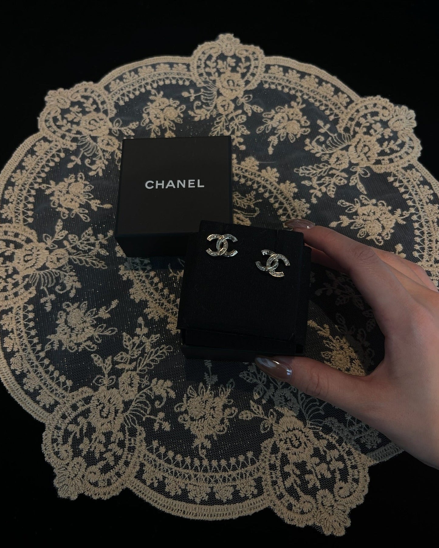 Chanel 2021 Asymmetric Crystal Double C Stud Earrings （Champagne-gold Tone）