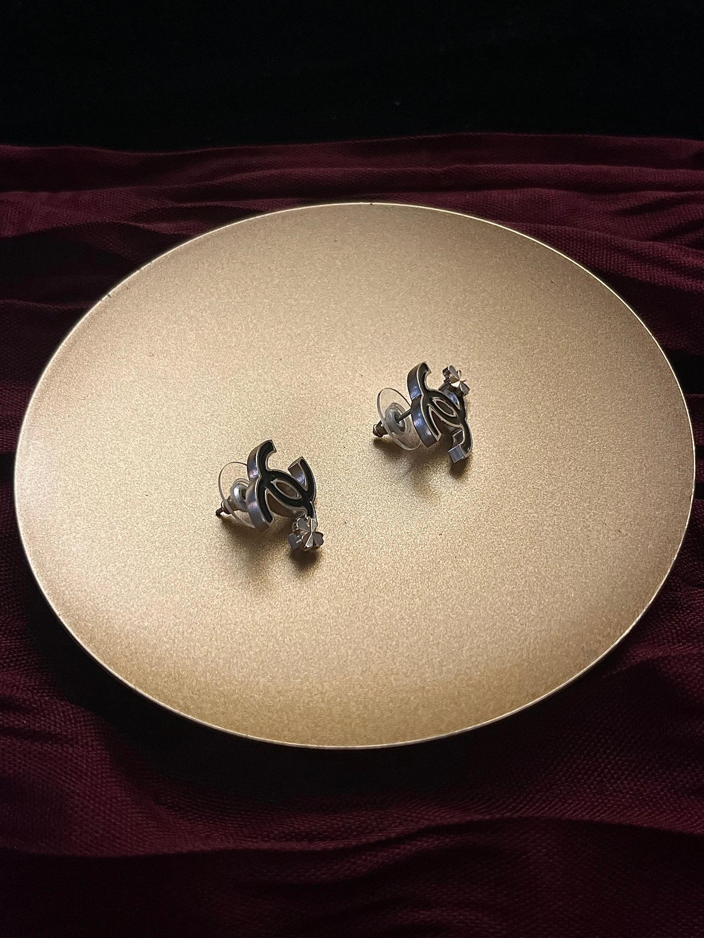 Chanel 2012 Black & Gold Clover CC Stud Earrings