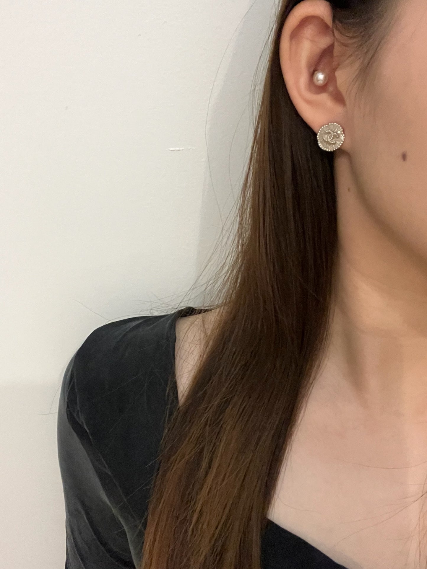 Chanel 2015 Vintage Silver CC Textured Stud Earrings