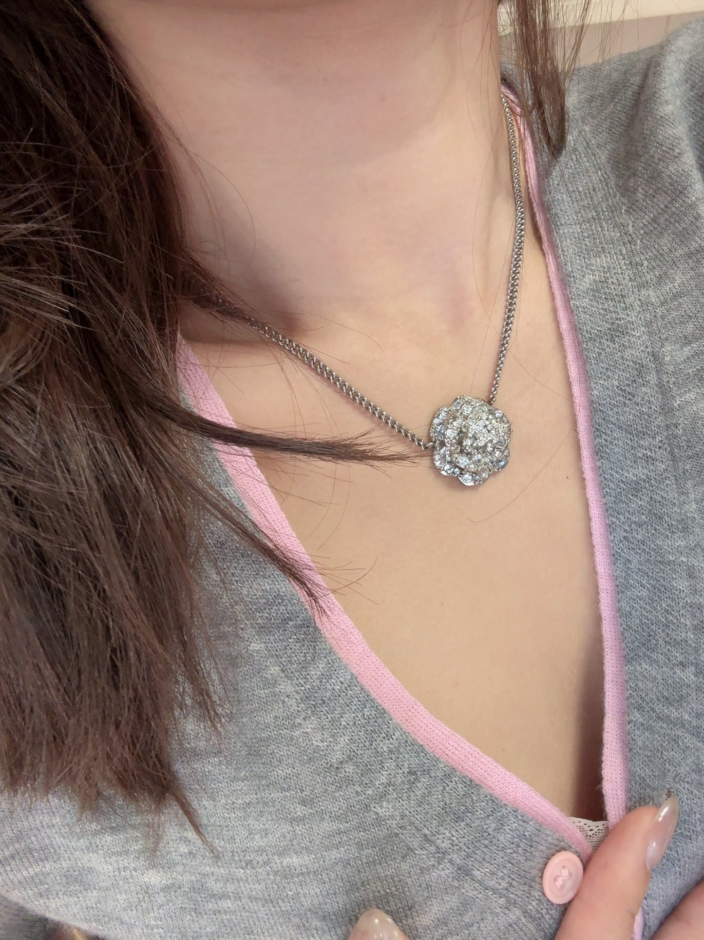Chanel Vintage “Silver Camellia” Crystal Pendant Necklace