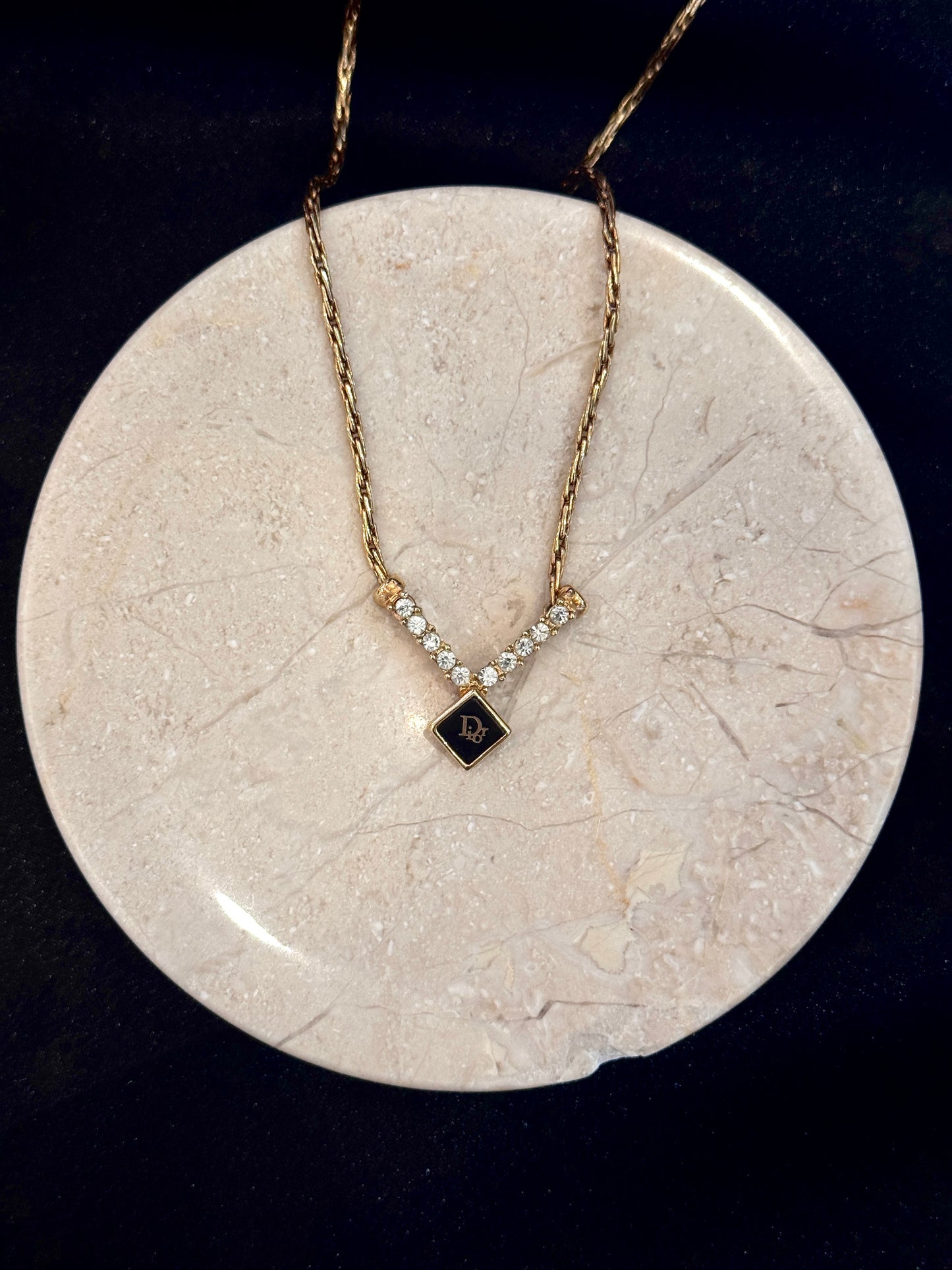 Dior Vintage Crystal V Pendant Necklace (Gold Tone)