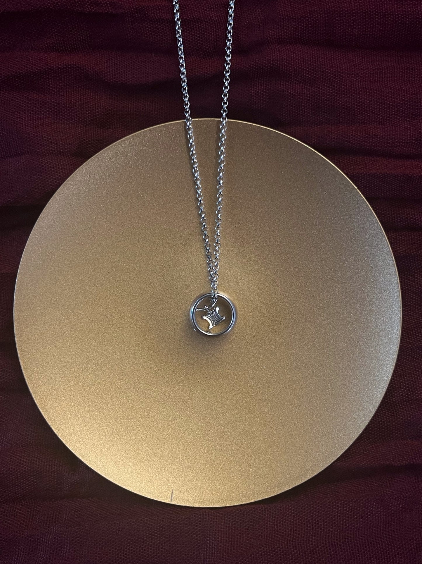 CELINE 925 Sterling Silver Logo Ring Pendant Necklace