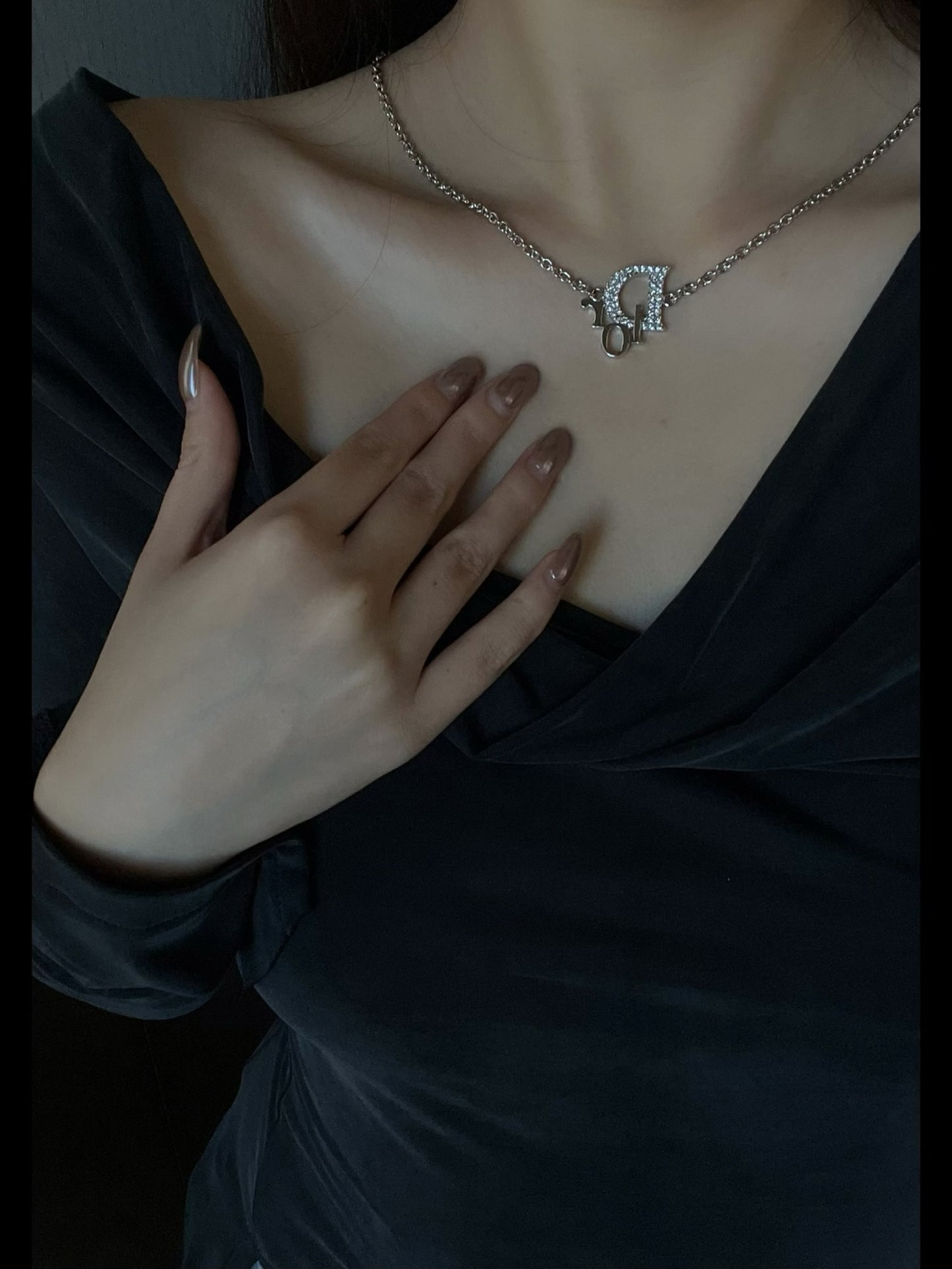 Vintage Dior D Logo Crystal Choker (Silver Tone)