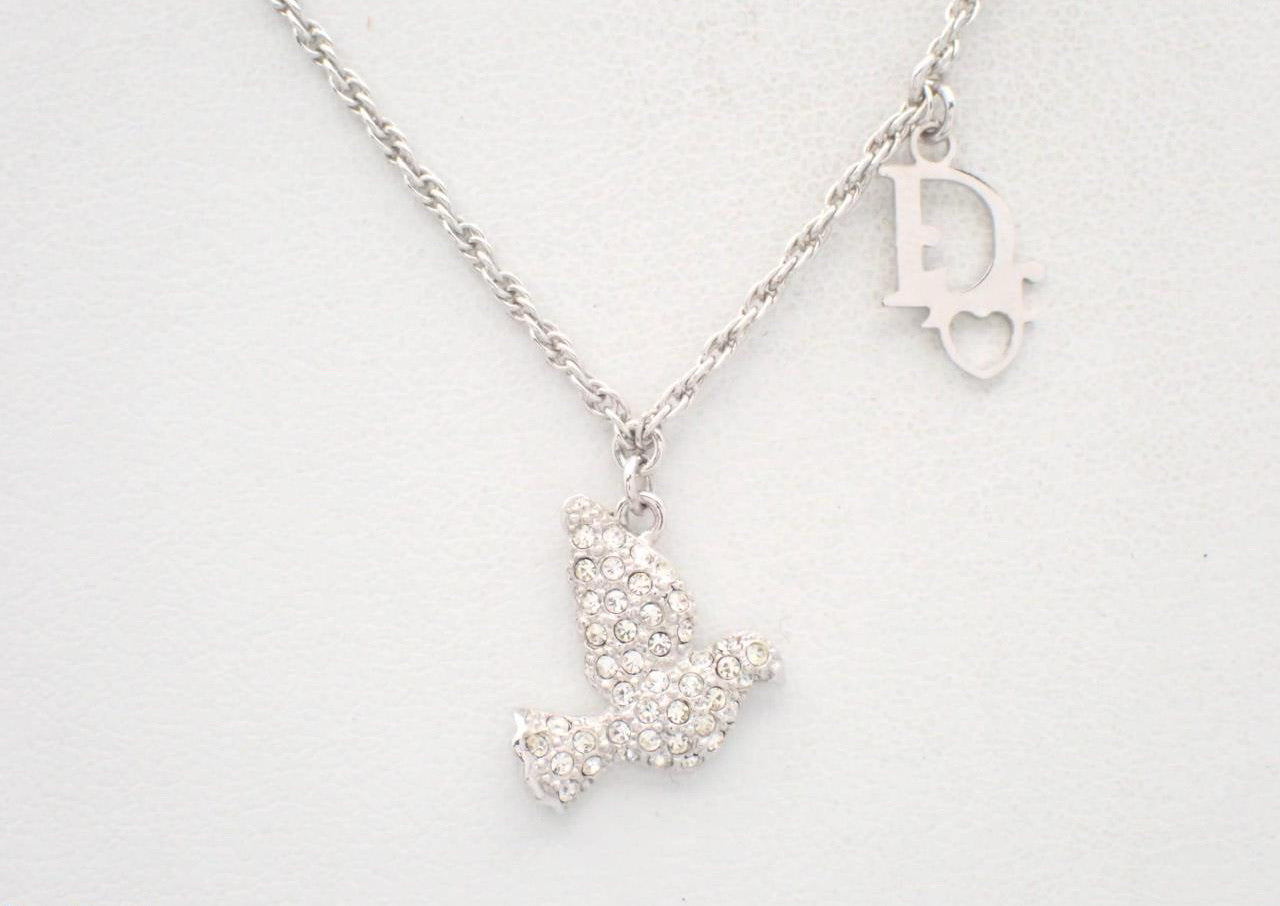 Vintage Dior Silver Crystal Dove Necklace