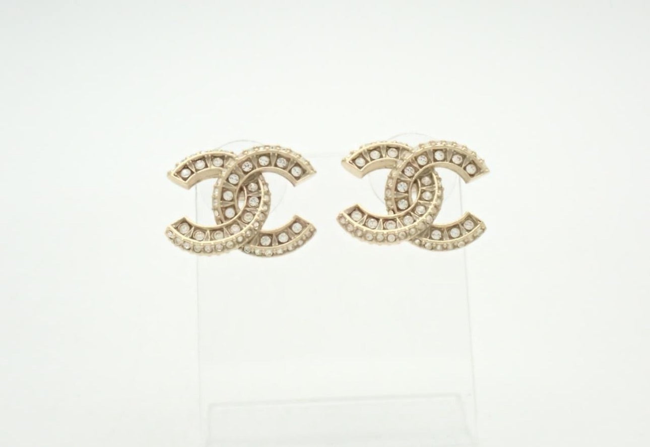 Chanel Crystal CC Stud Earrings – Champagne Gold Tone