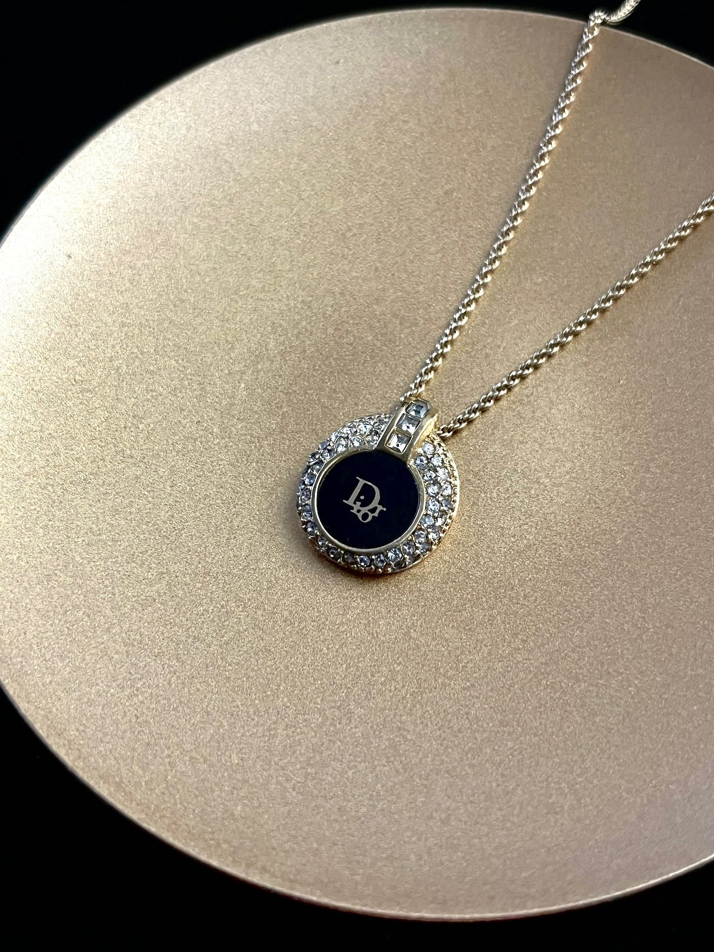 Dior Vintage Black & Gold Crystal-Edged Logo Necklace