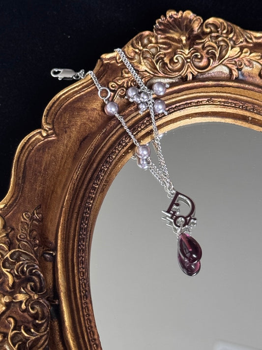 Dior Vintage Silver Logo Necklace with Purple Pearl Beads and Teardrop Charm