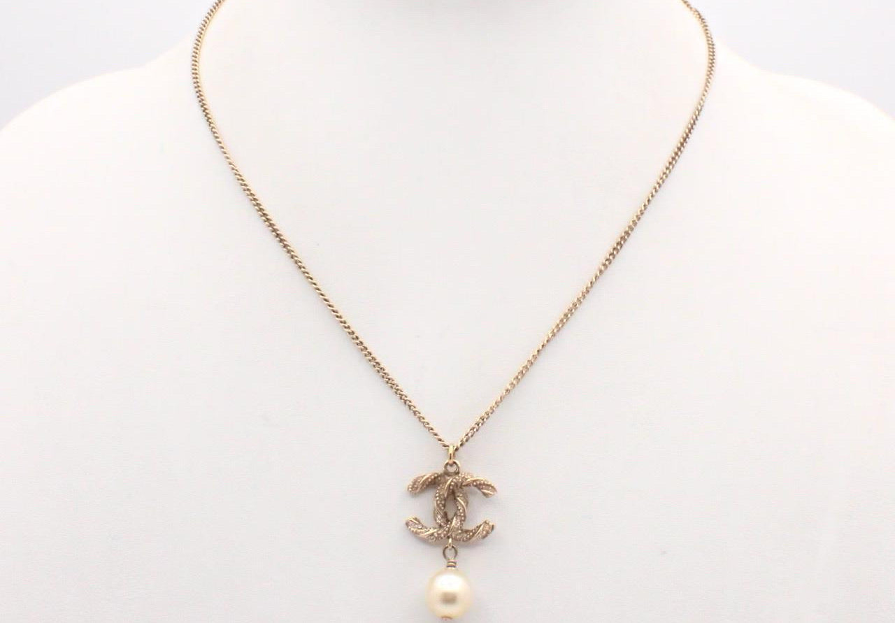 Chanel 2015 Double-Sided Twisted CC Crystal Pearl Drop Necklace