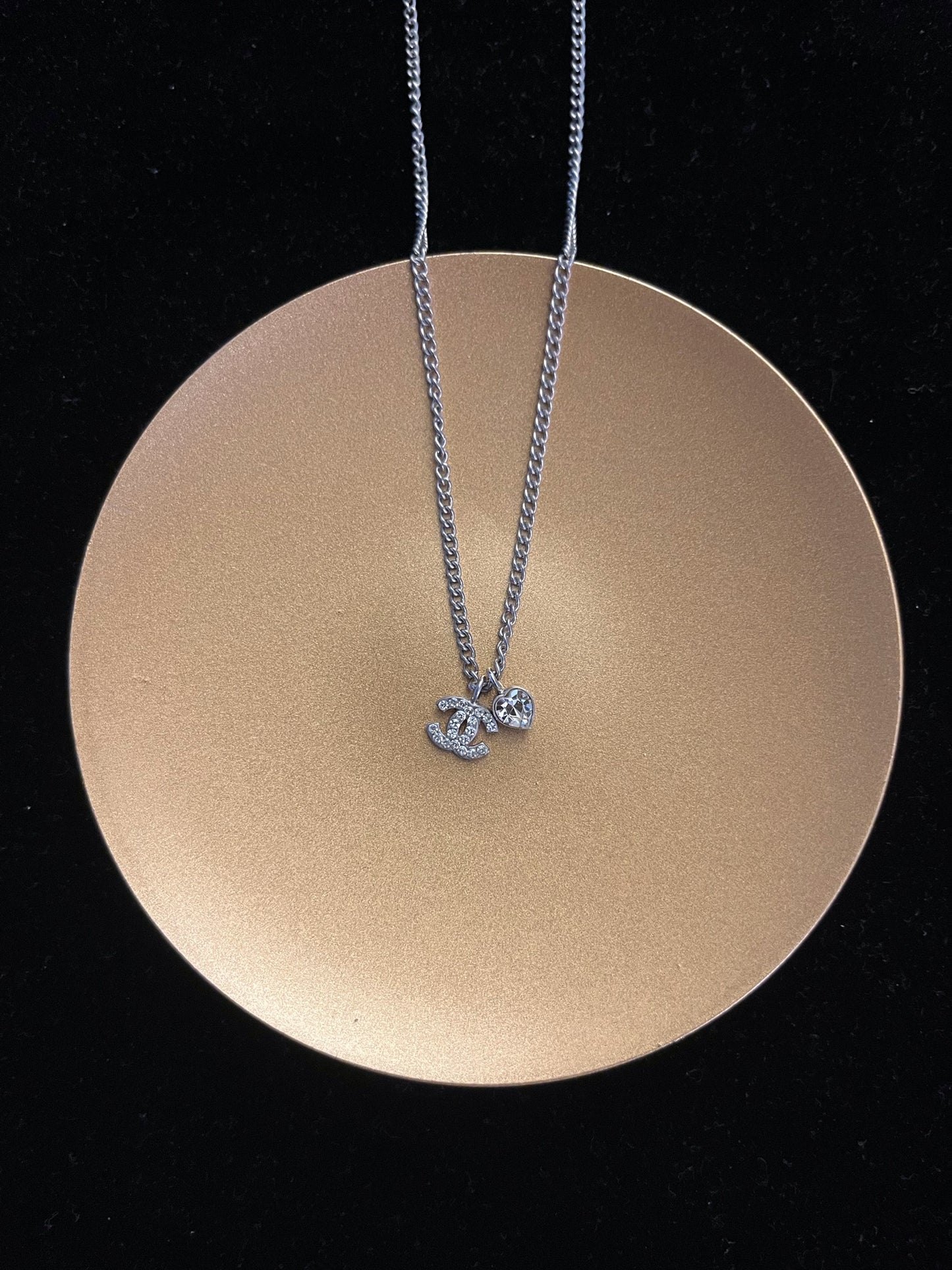 Chanel 2006 Crystal CC & Heart Charm Necklace