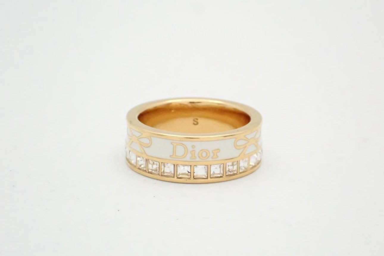 Christian Dior Crystal & White Enamel Logo Ring