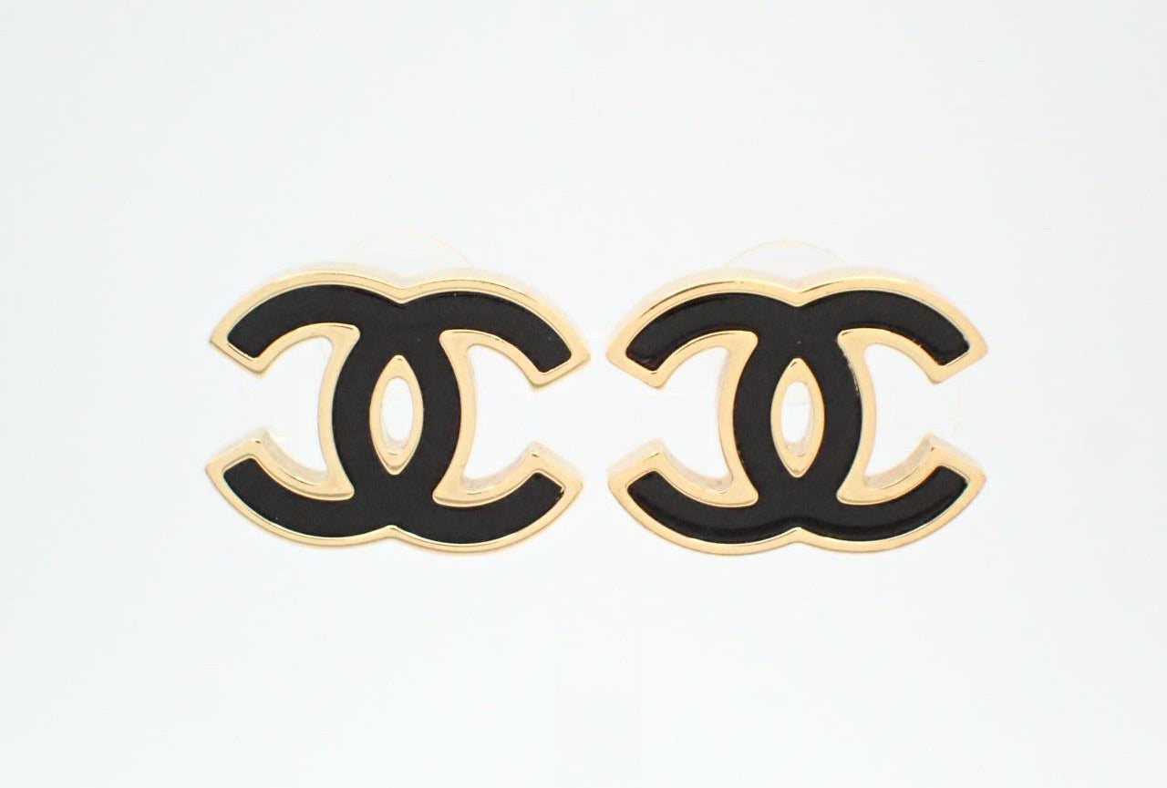 Chanel 2024 CC Logo Enamel Stud Earrings (Black & Gold)
