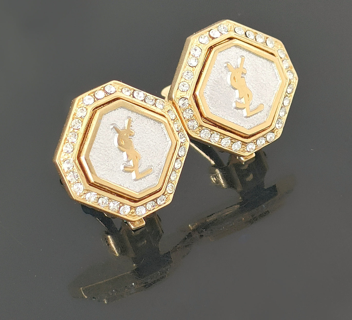 YSL Hexagon Crystal Logo Ear Clips