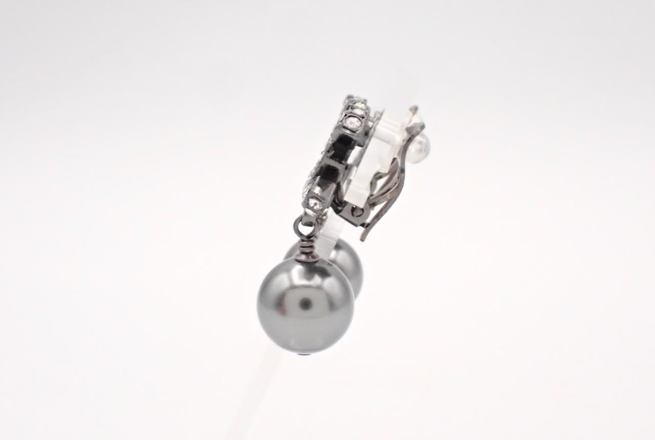 Chanel 2003 Crystal CC Grey Pearl Drop Clip-On Earrings