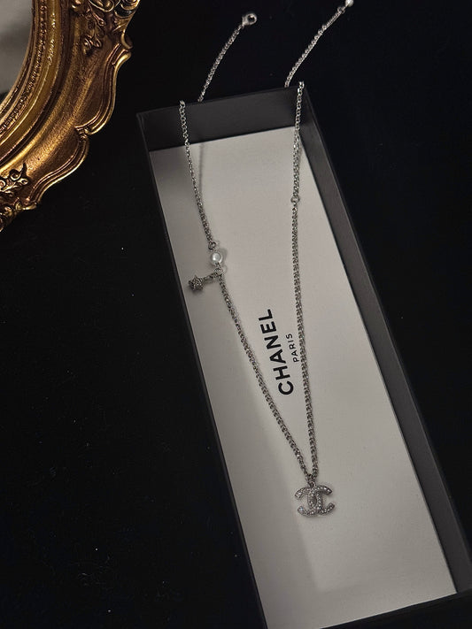Chanel Silver Star and Pearl CC Logo Necklace