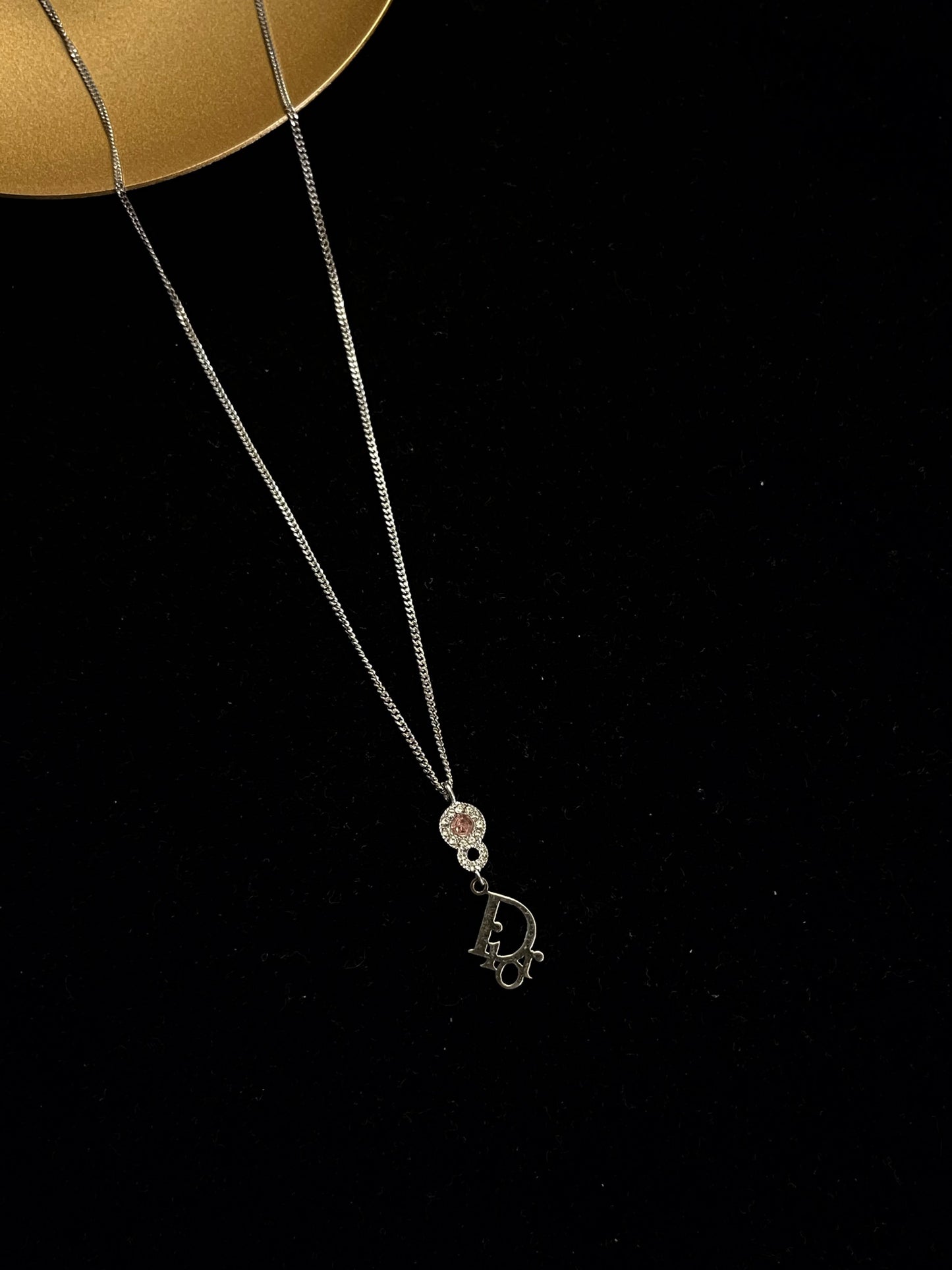 Vintage Dior Silver Logo Pendant Necklace with Pink Crystal Accent